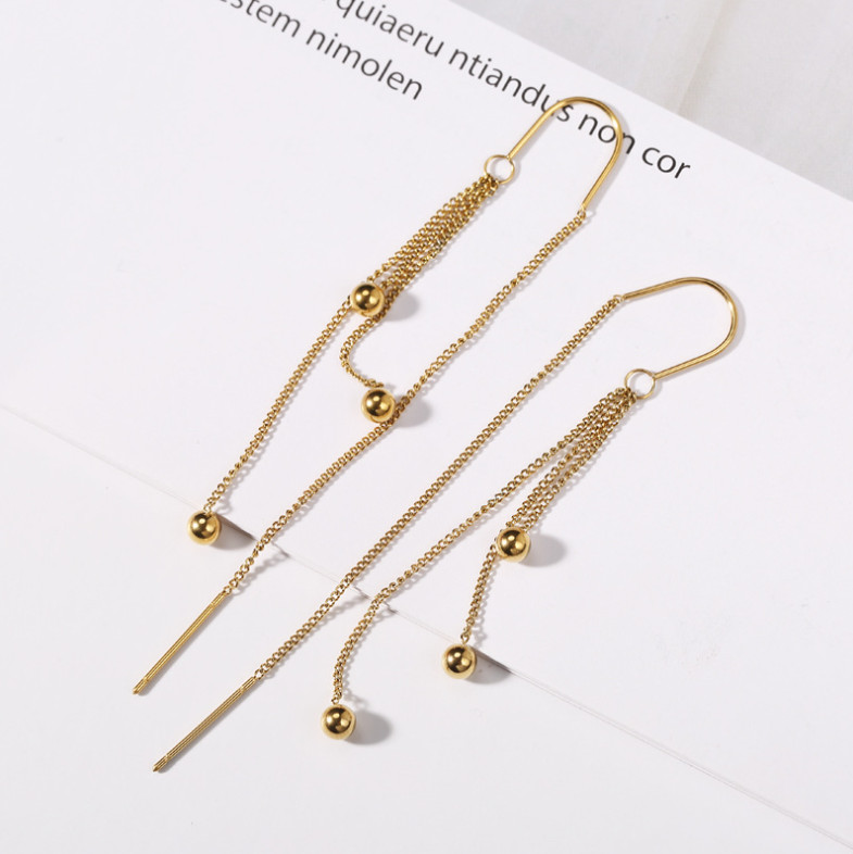 Women Threader Gold Balls Pull Though Earrings Stainless Steel Fashion Drop PE9