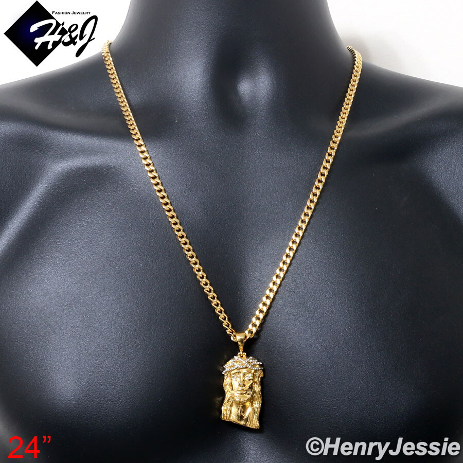 18″-40″MEN Stainless Steel 5mm Gold Plated Cuban Chain CZ Jesus Face Pendant*133