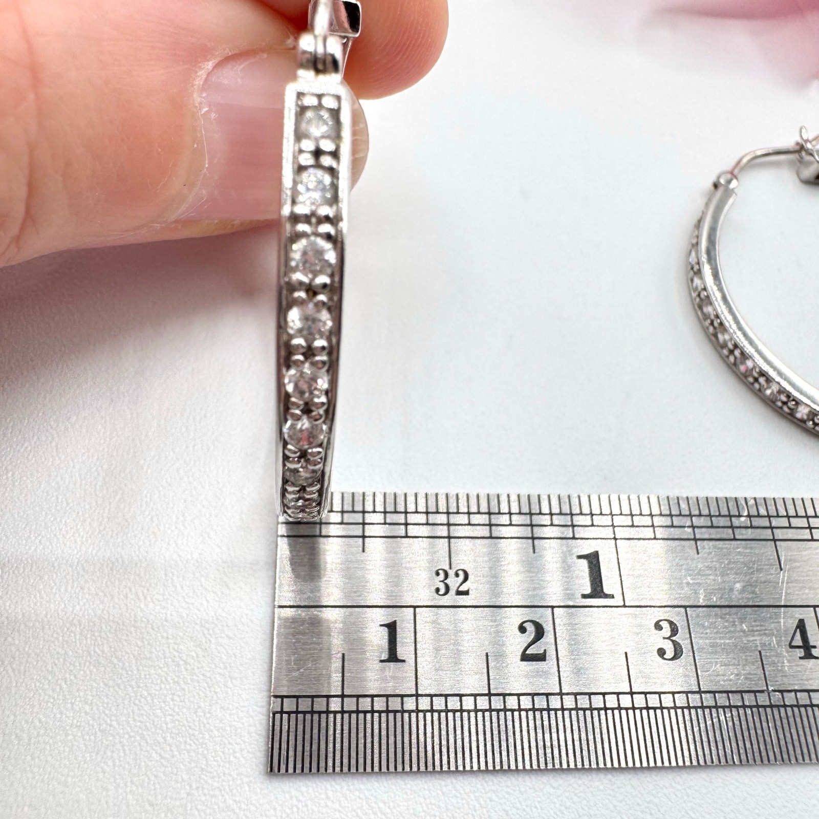 925 Sterling Silver CZ Front Back Hoop Earrings Acid Tested Signed 1 1/4” 7.36 g