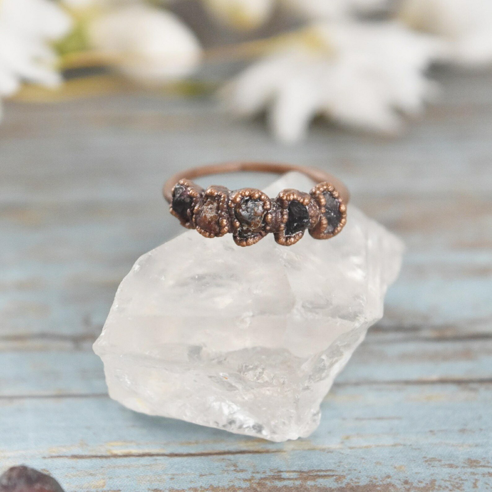 Size 7 Raw Garnet Ring, Natural Stone Crystal, Antique Copper, Boho Jewelry