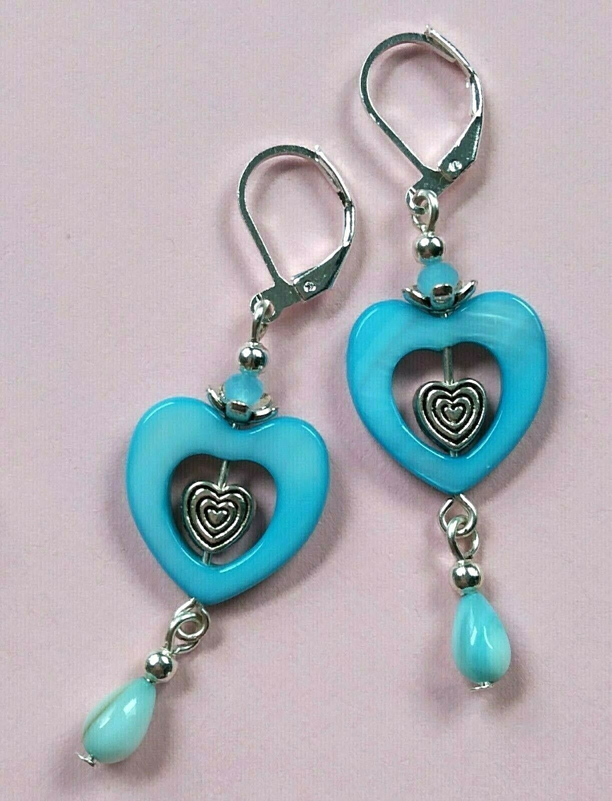 BLUE HEART SHELL dangle earring SP LEVERBACK artisan