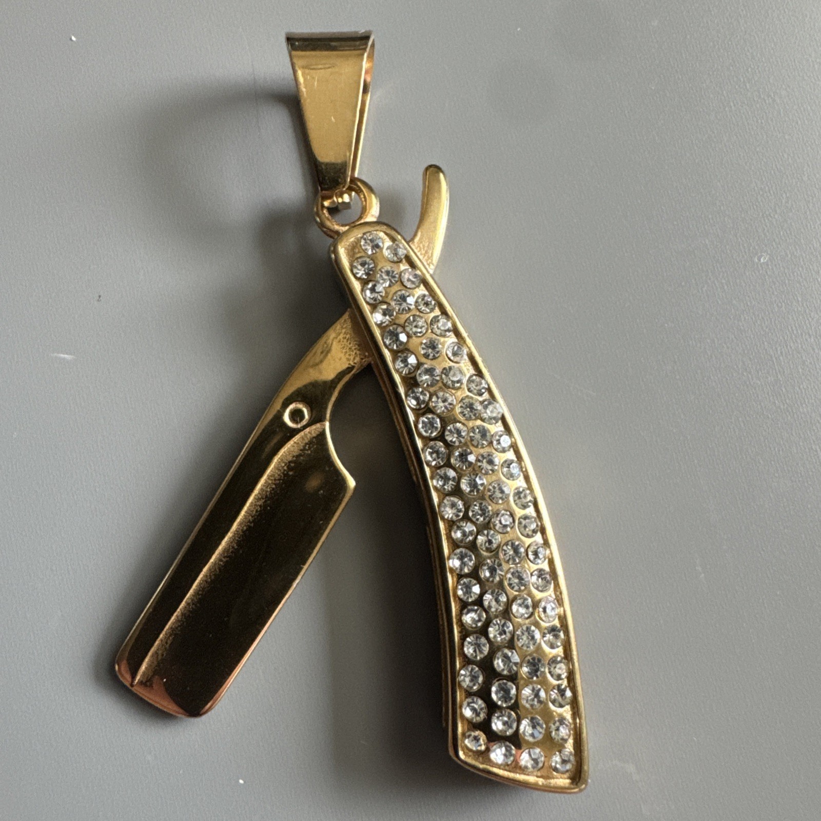 Razor Blade Barber Gold Plated Cubic Zirconia Pendant 24 Inch Chain Men’s Gift