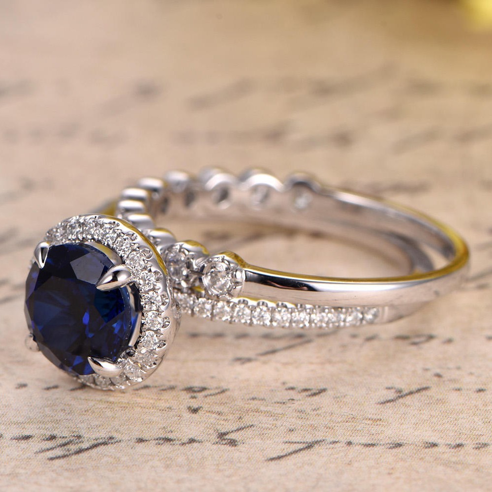 2.90 Ct Round Natural Sapphire & Diamond Engagement Ring 14K White Gold Size 8