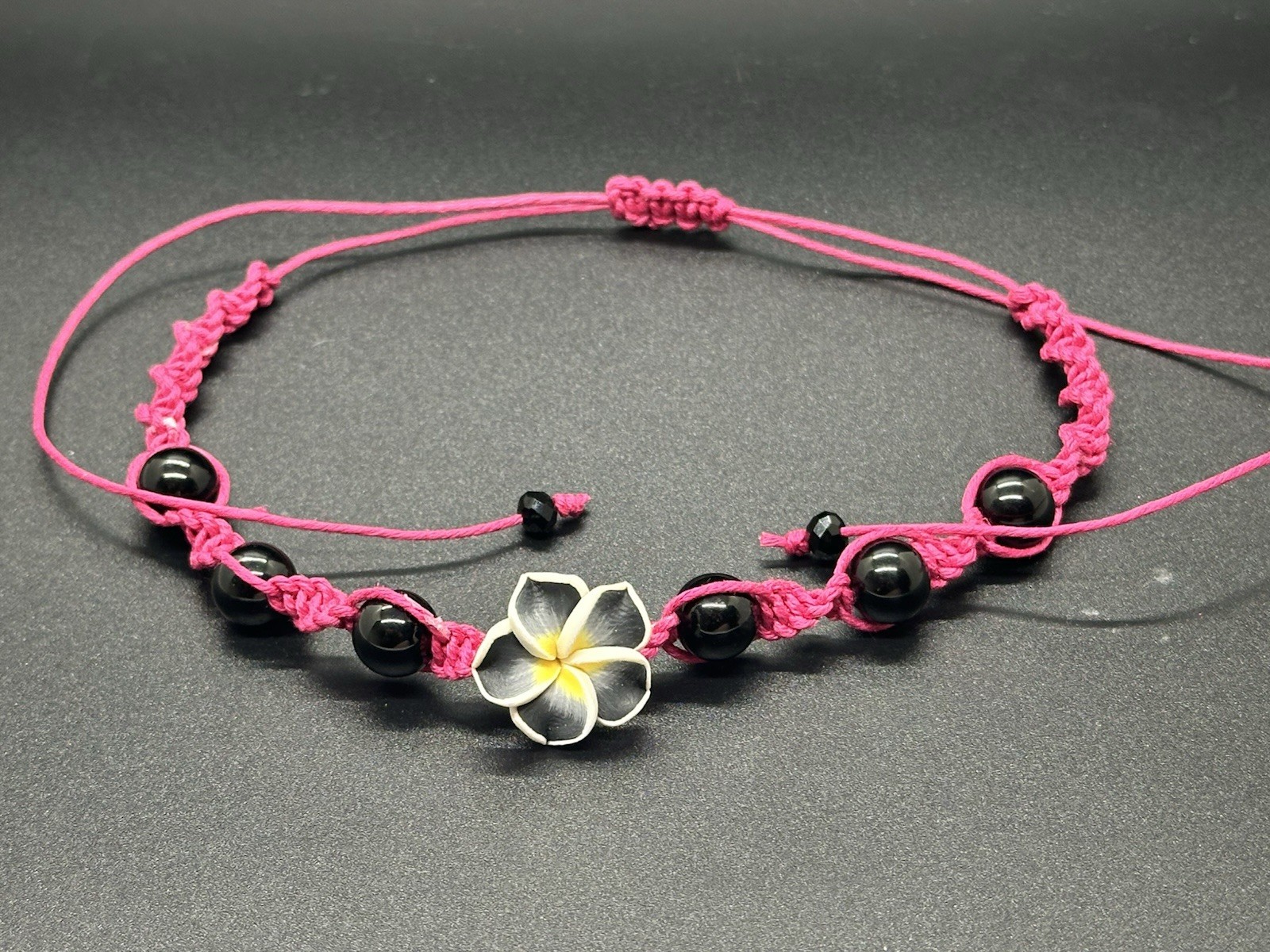 Black Plumeria Flower Spiral Hemp Handmade Choker Necklace