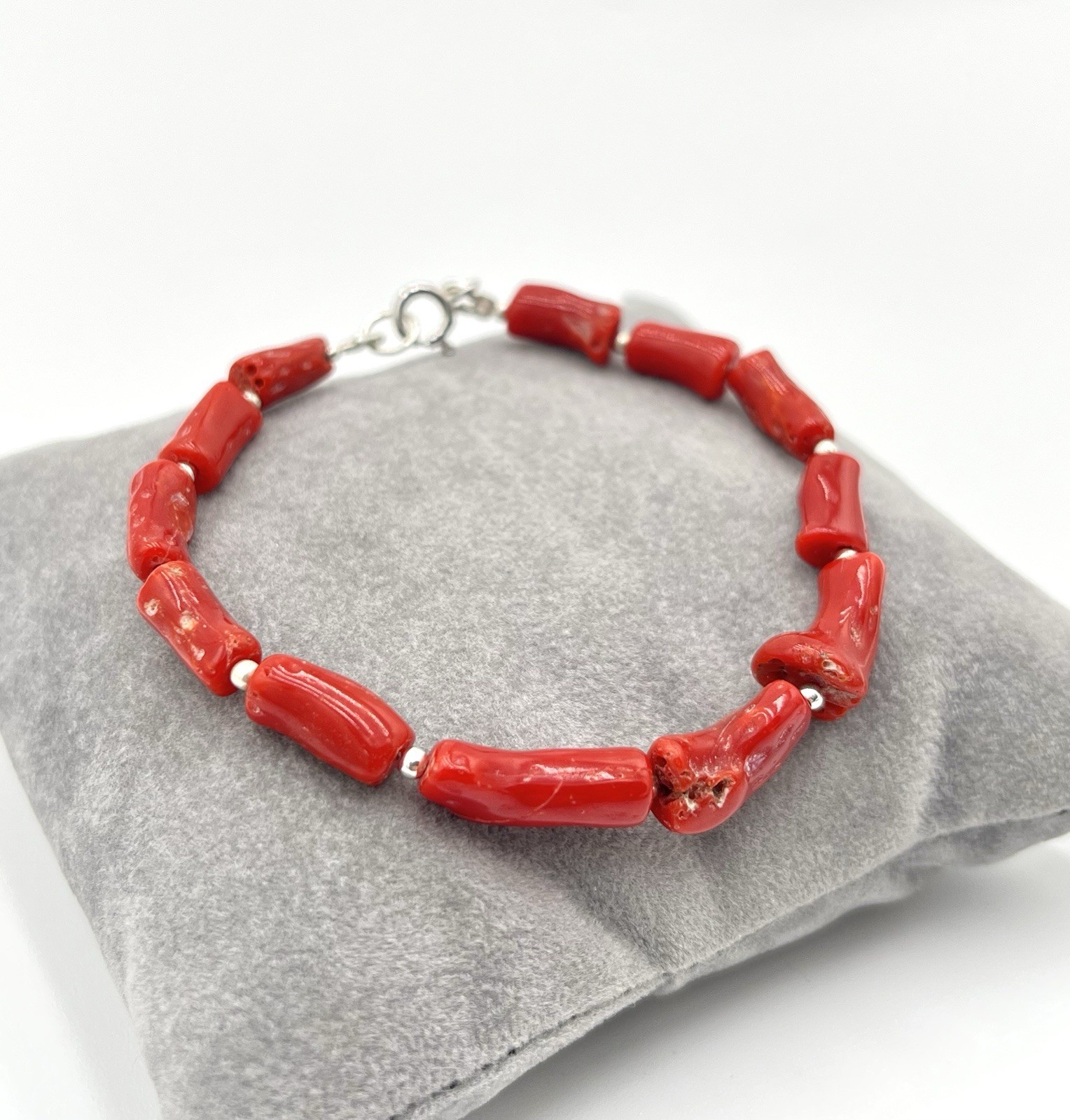 Natural Mediterranean Red Coral Bracelet 19.5cm 925 Silver Unisex Handmade