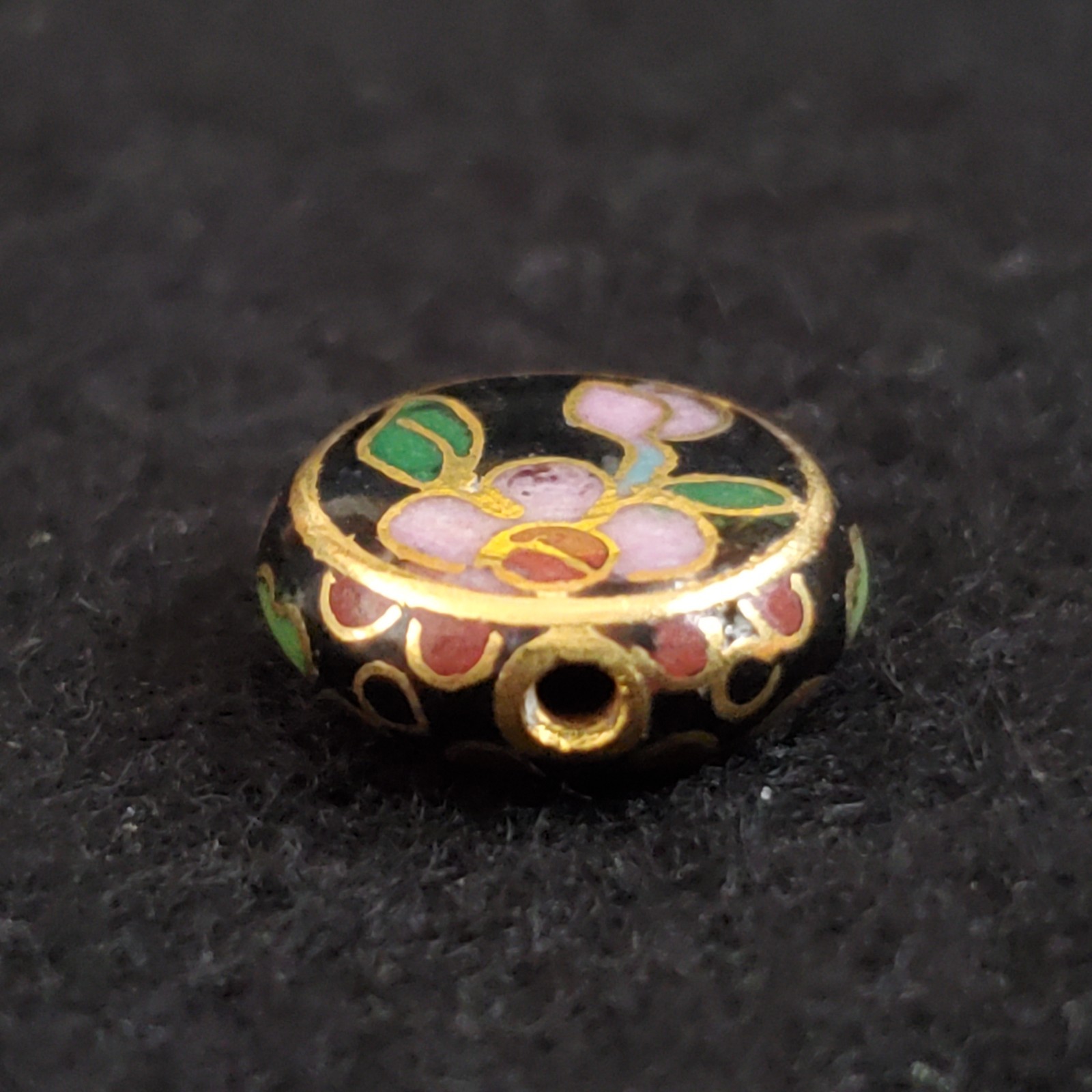Cloisonne Beads Loose Flat Circle Black Pink Lot of 6