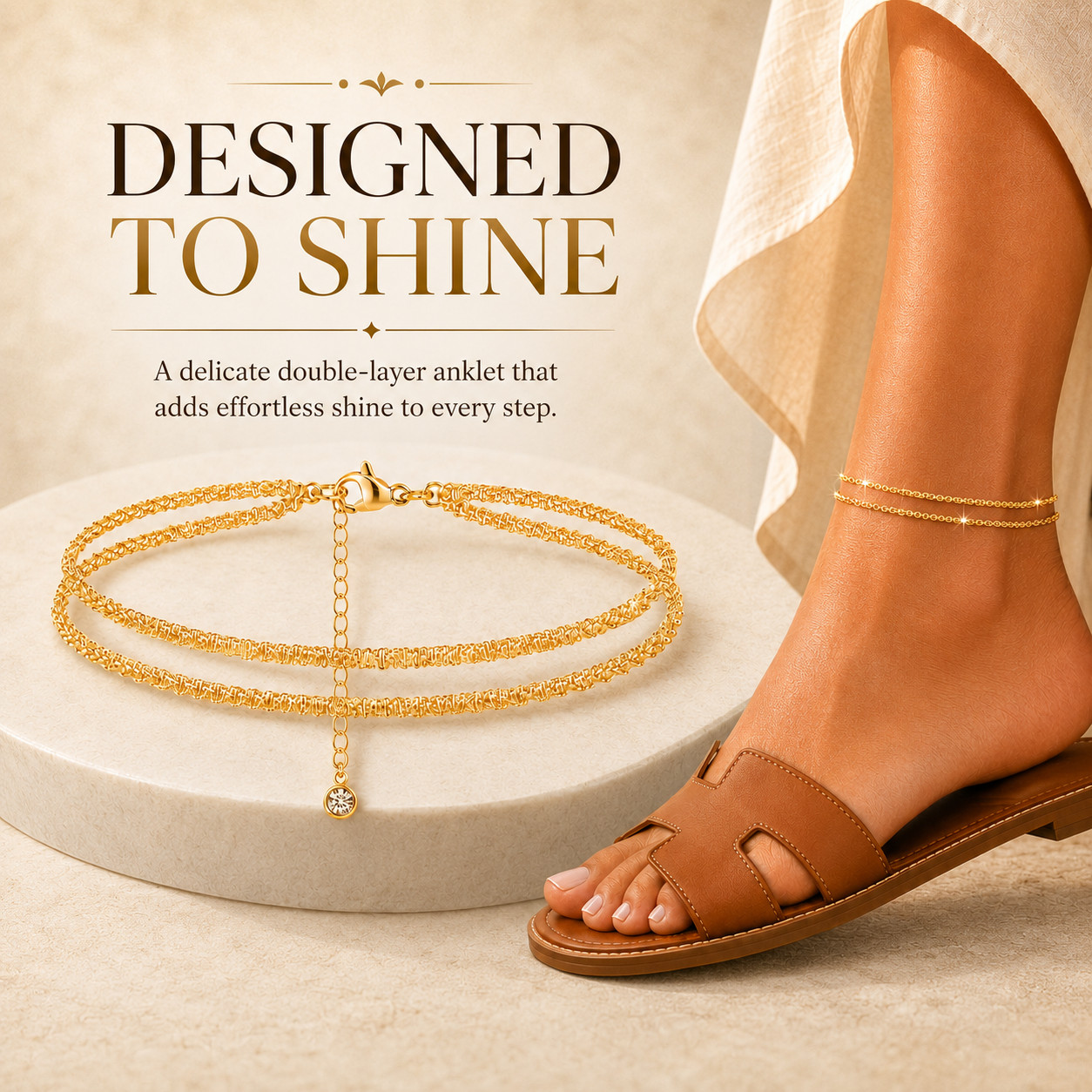 Uxvwez Double Layer Anklet for Women Gold Silver Tone Adjustable Waterproof
