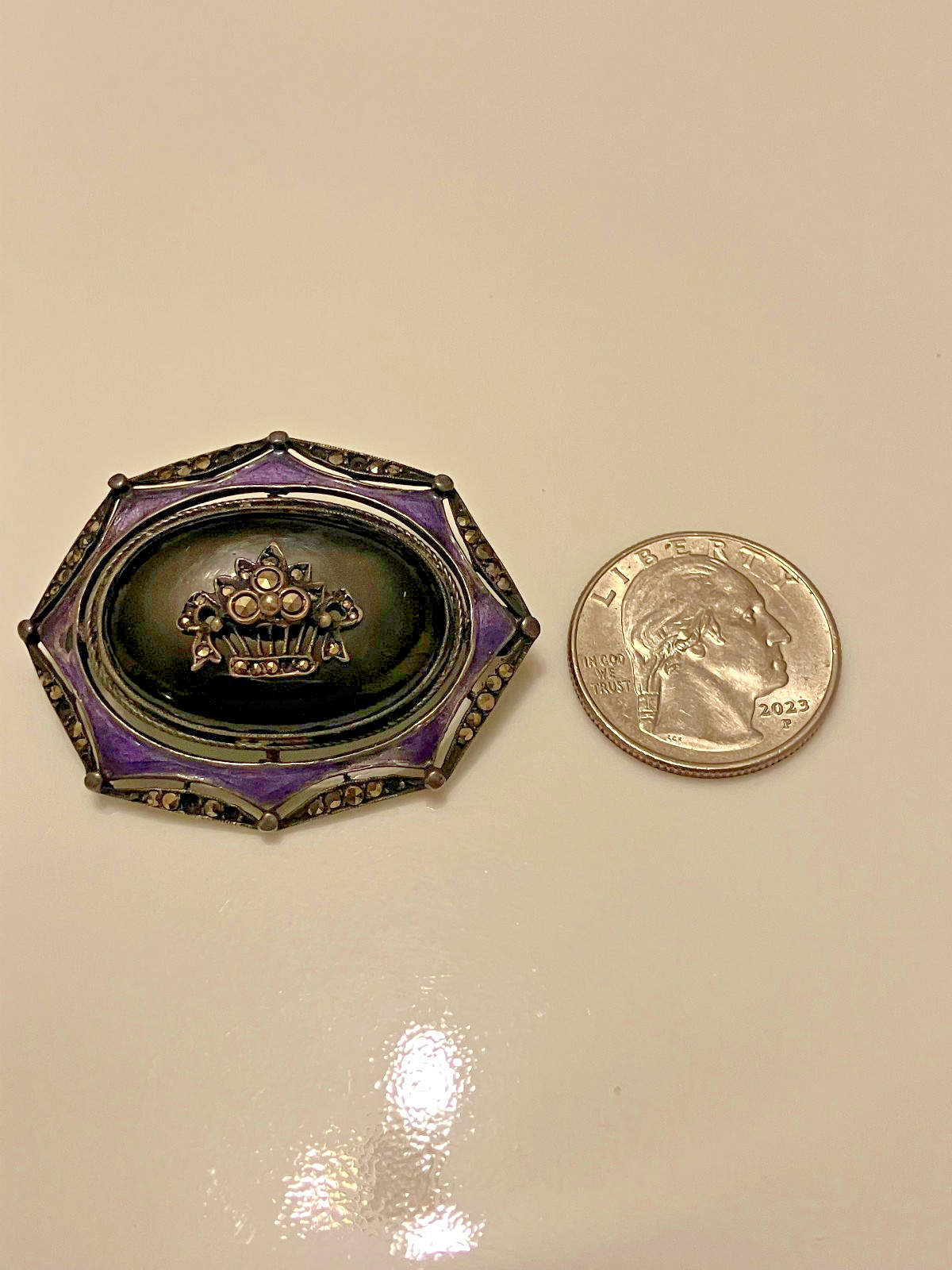 vintage sterling silver enamel and marcasite pin – brooch. (as found condition)