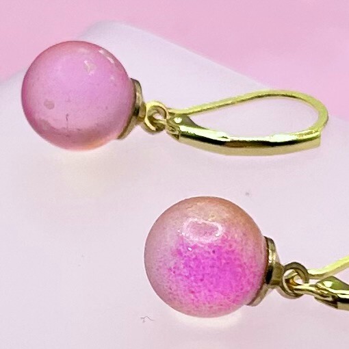 Golden Dot Frosted Globe Pendant Earrings (Mini/Dark Pink) New Handmade