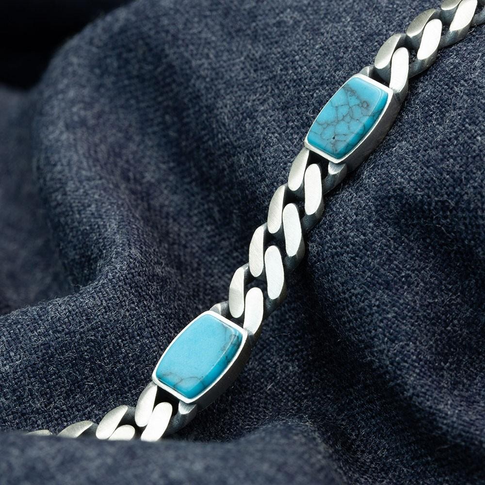 Men’s Turquoise Gemstone 925 Sterling Silver 10mm Curb Chain Link Bracelet