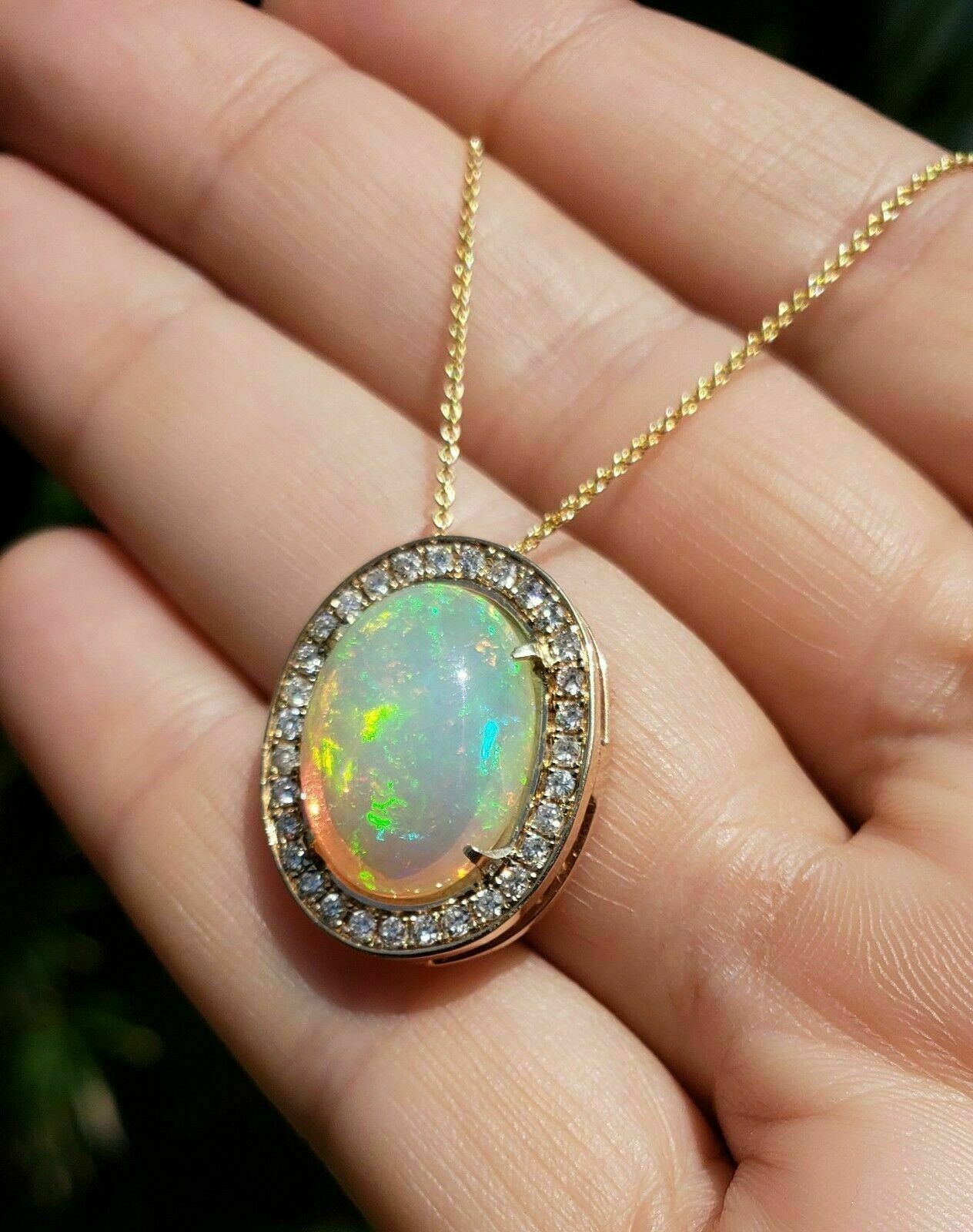 Delicate 3.20Ct Oval Cut Fire Opal Halo Pendant Necklace 14K Yellow Gold Finish.