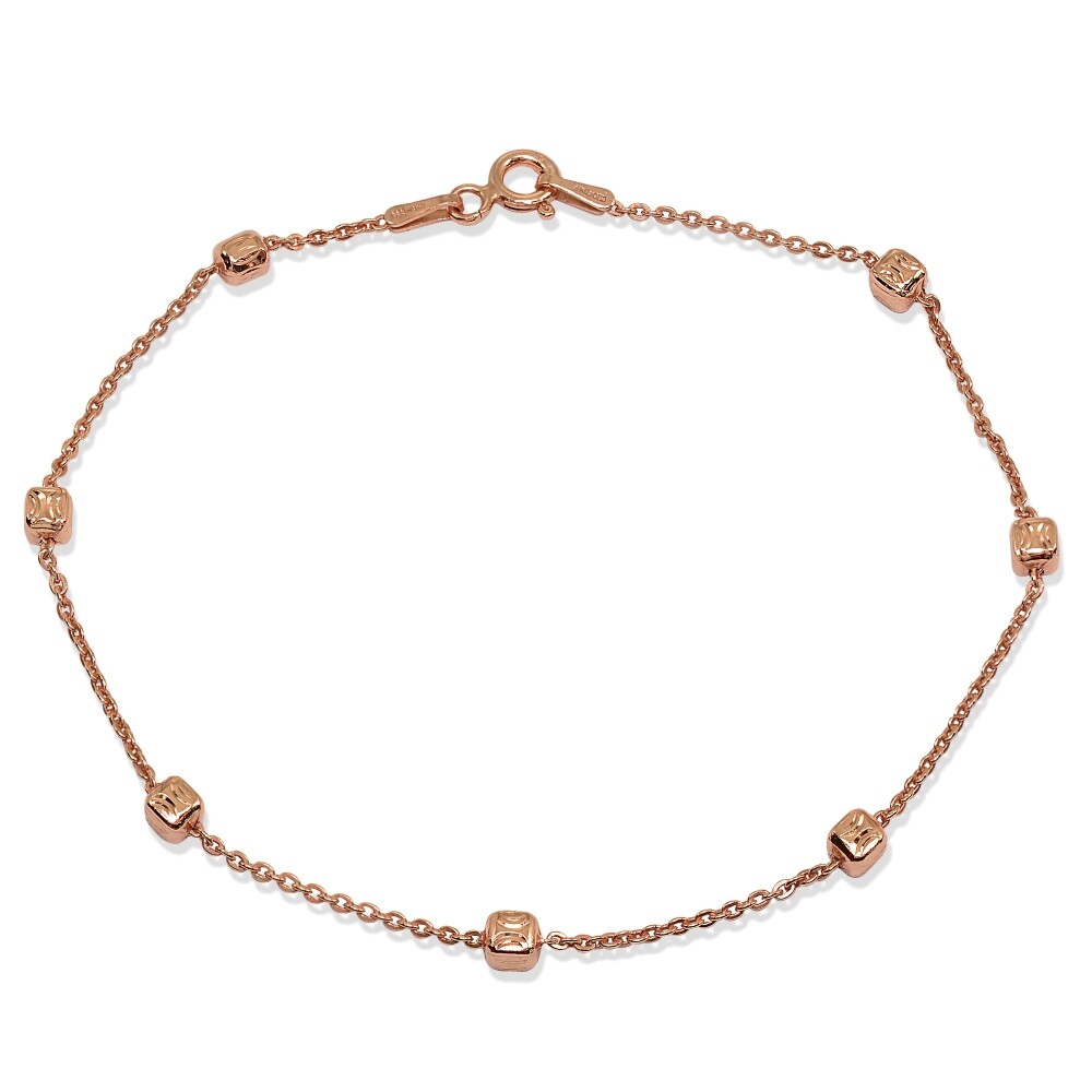 7.5 Inch Square Cube Station Cable Chain Bracelet in Rose Gold Plated 925 Silver