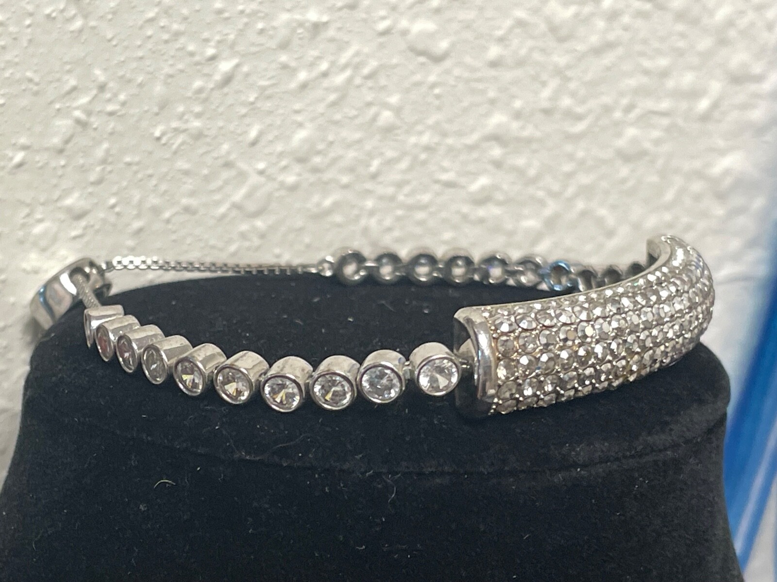 Vintage Signed JB Joan Boyce silver tone statement crystal bling bracelet slide