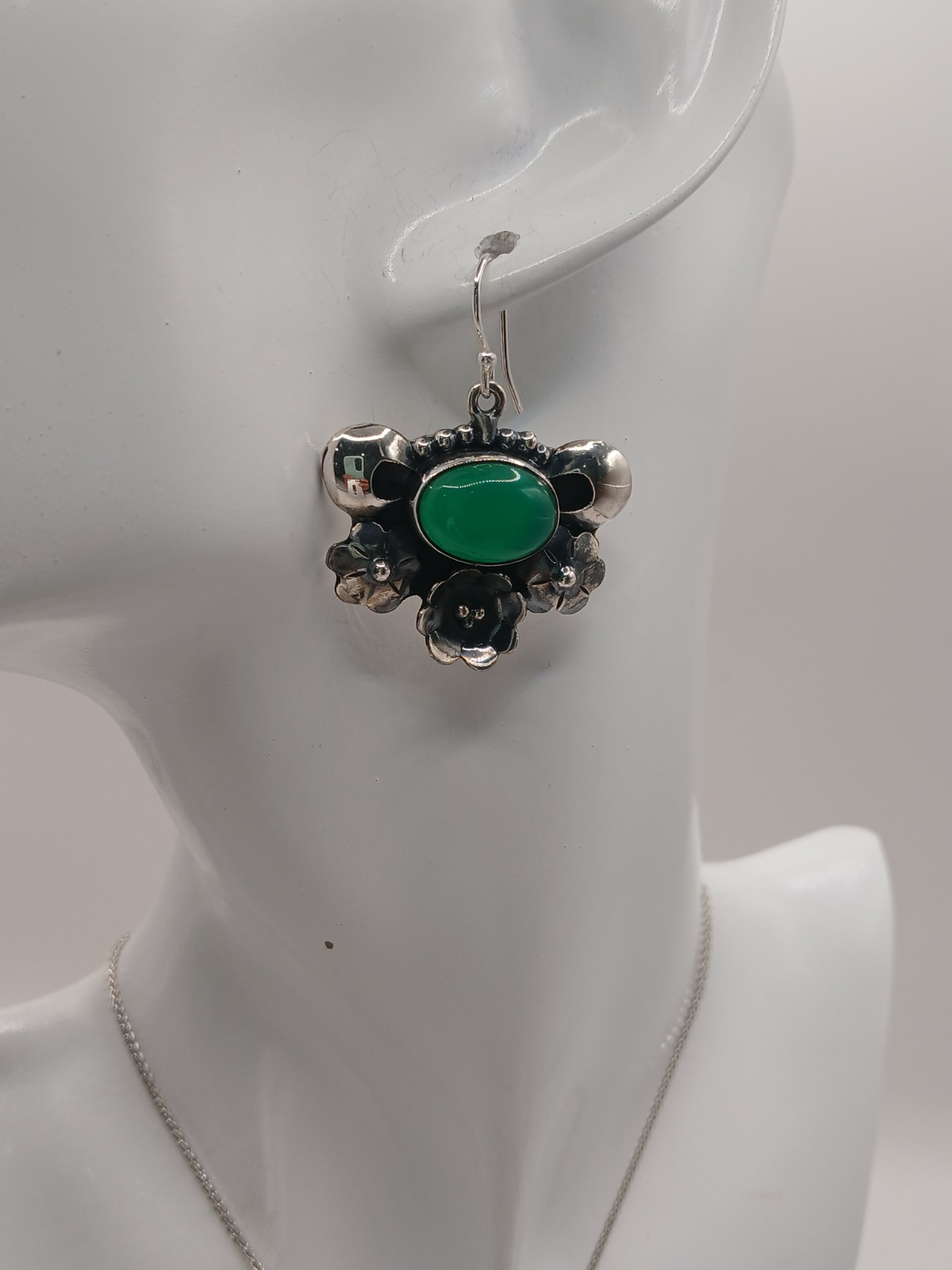 Sterling Silver 950 Green Chalcedony Floral Jewelry Set Necklace & Earrings