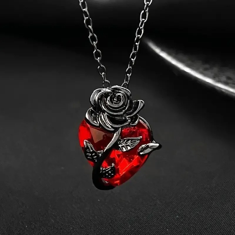 Red Crystal Heart Pendant Necklace Women Vintage Rose Flower Jewelry Gift