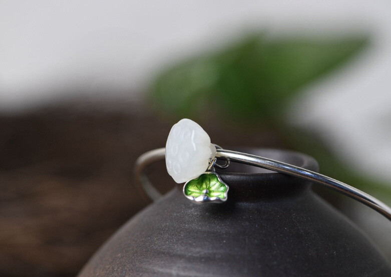 I05 Bangle Lotus Flower Leaf Bud Bright Jade Silver 925