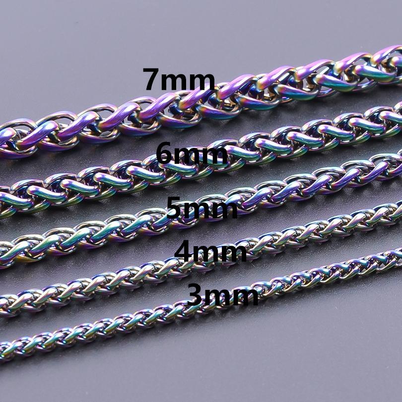 Braided Wheat Link 3-7mm Mens Chain Rainbow Stainless Steel Necklace Gift