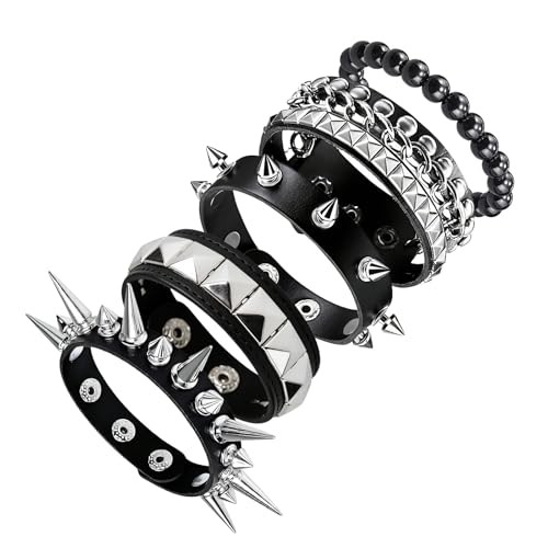 5 Pcs Spiked Bracelets Black Studded Cuff Punk Jewelry Adjustable Gothic Emo Alt