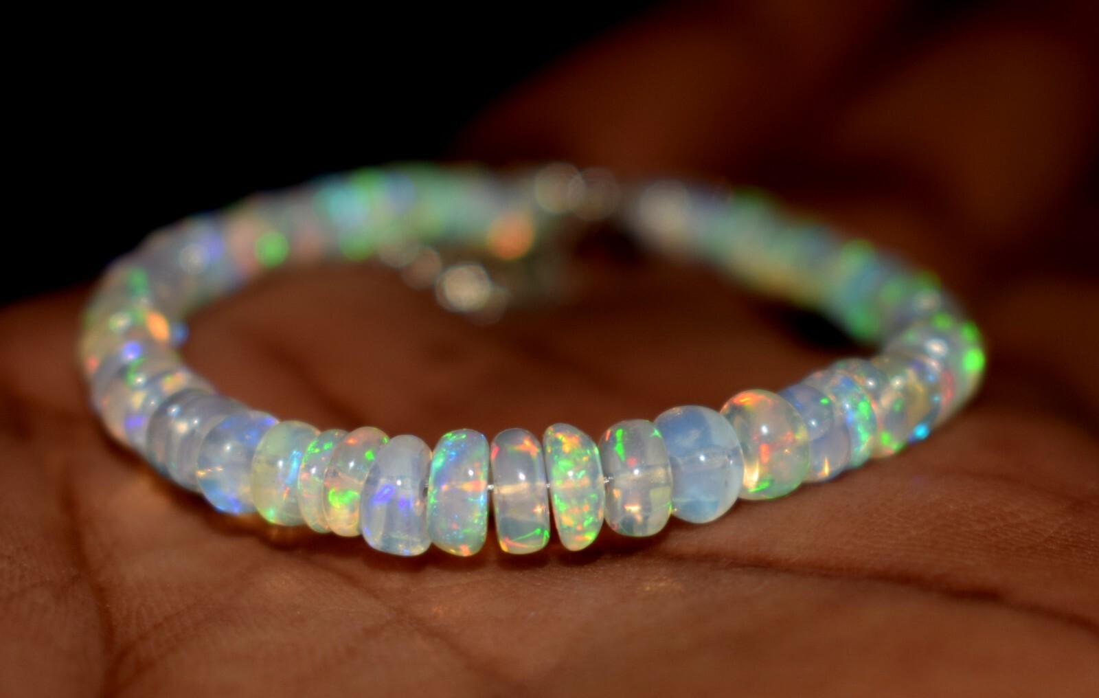 925 Sterling Silver Natural Ethiopian Opal Gemstone Beads 7″Bracelet F1729