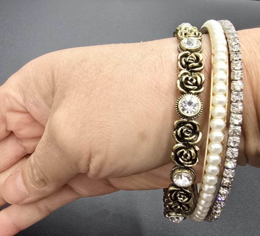 3 pc Mixed Brasstone White Bead Bracelet SET (B4) FLOWERS AND ELEGANCE