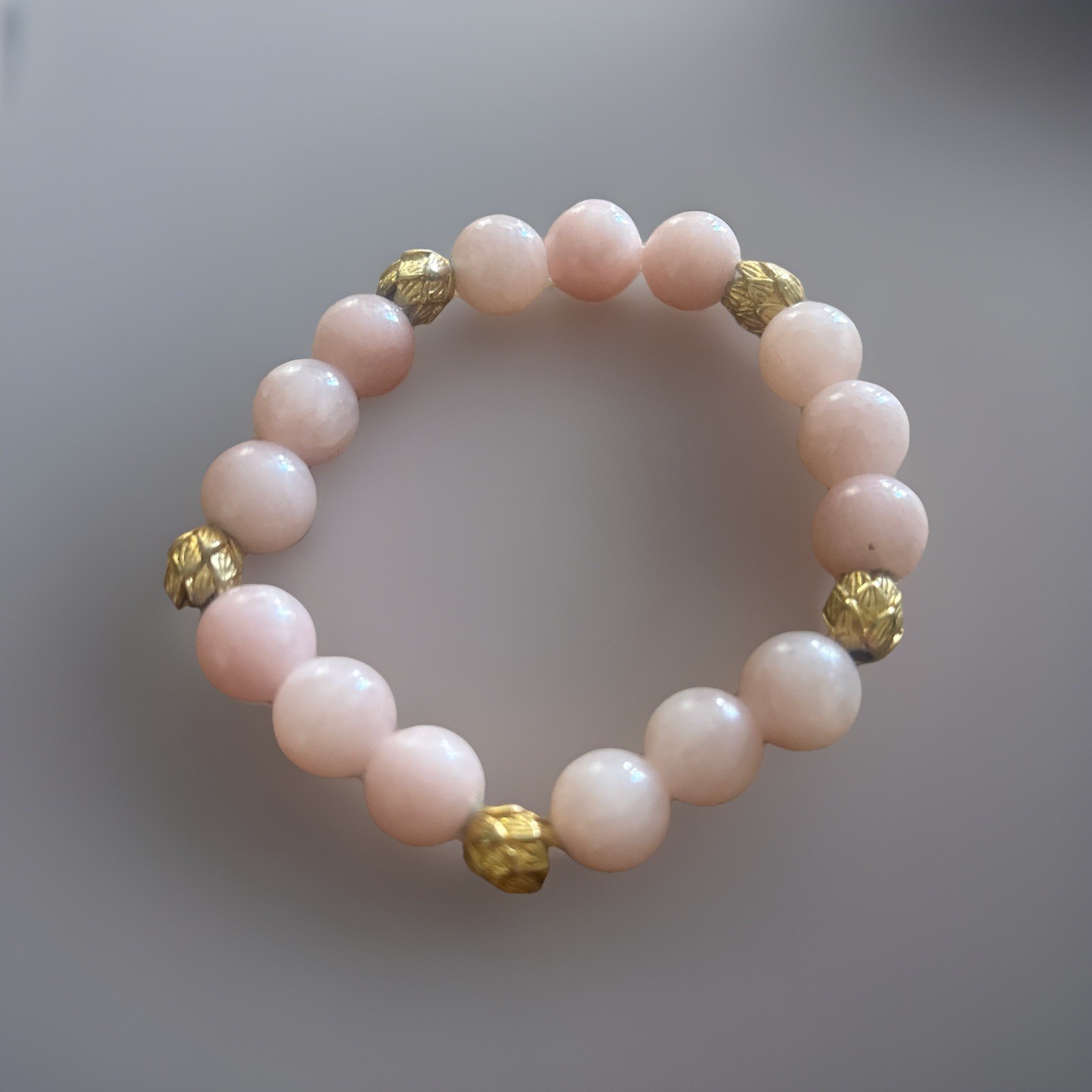 Rose Quartz & Gold Tone Bracelet Stretch 2.5” One Size Handmade