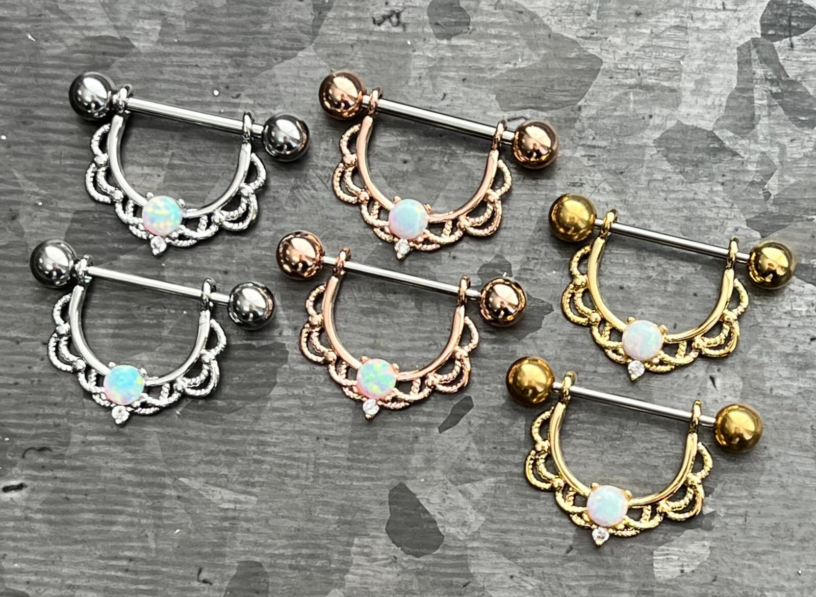 PAIR Opal Center Filigree Drop Nipple Shields Rings Body Jewelry 14g or 16g