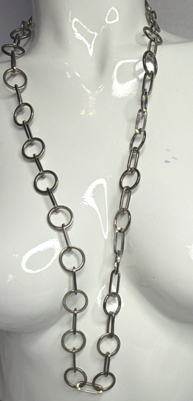 Silver Tone Oval Link Chain Necklace Lobster Clasp Adjustable More Than 36 in