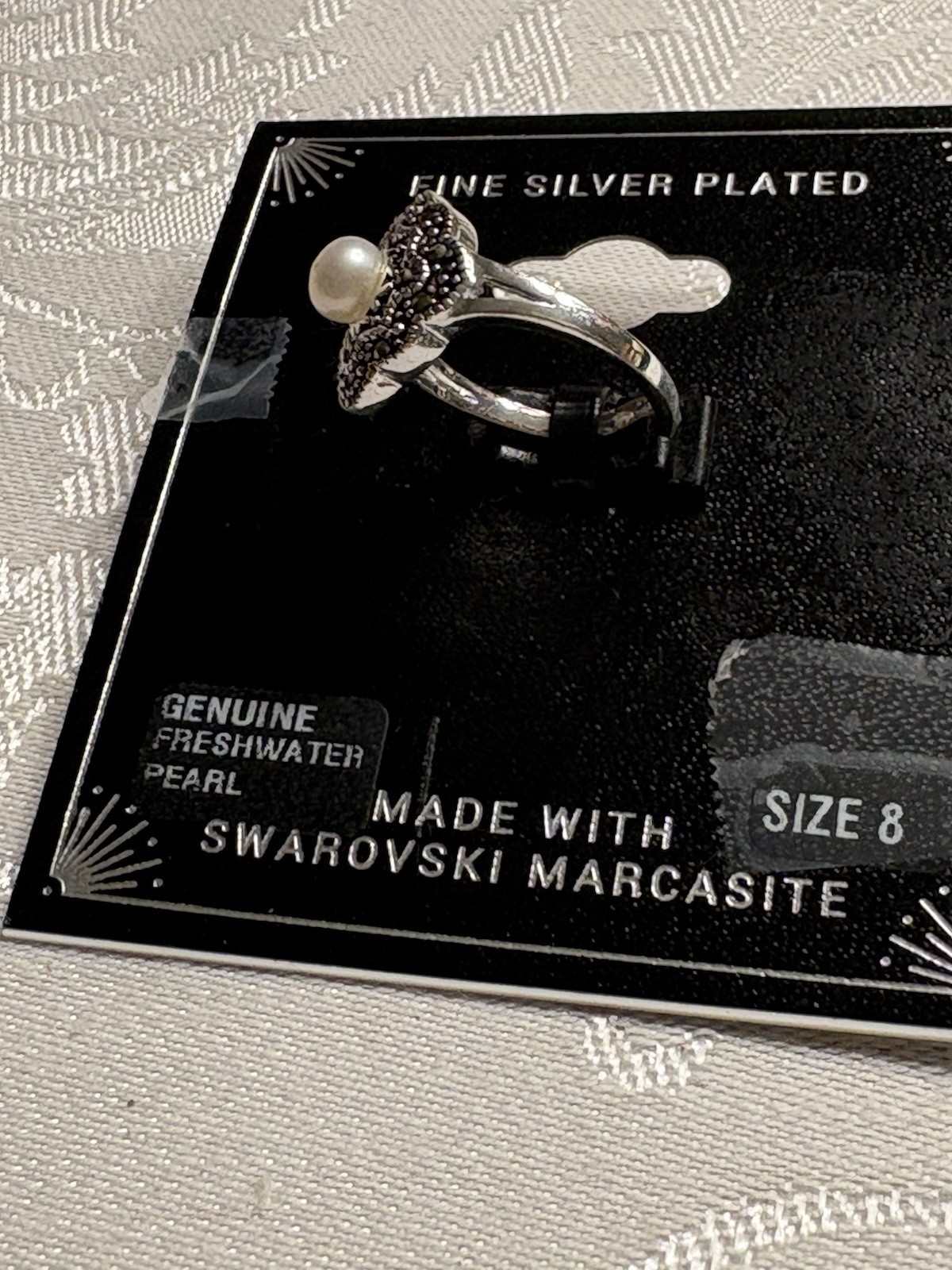 Statement sterling silver ring, marcasite, freshwater pearl, white, size 8 NWT