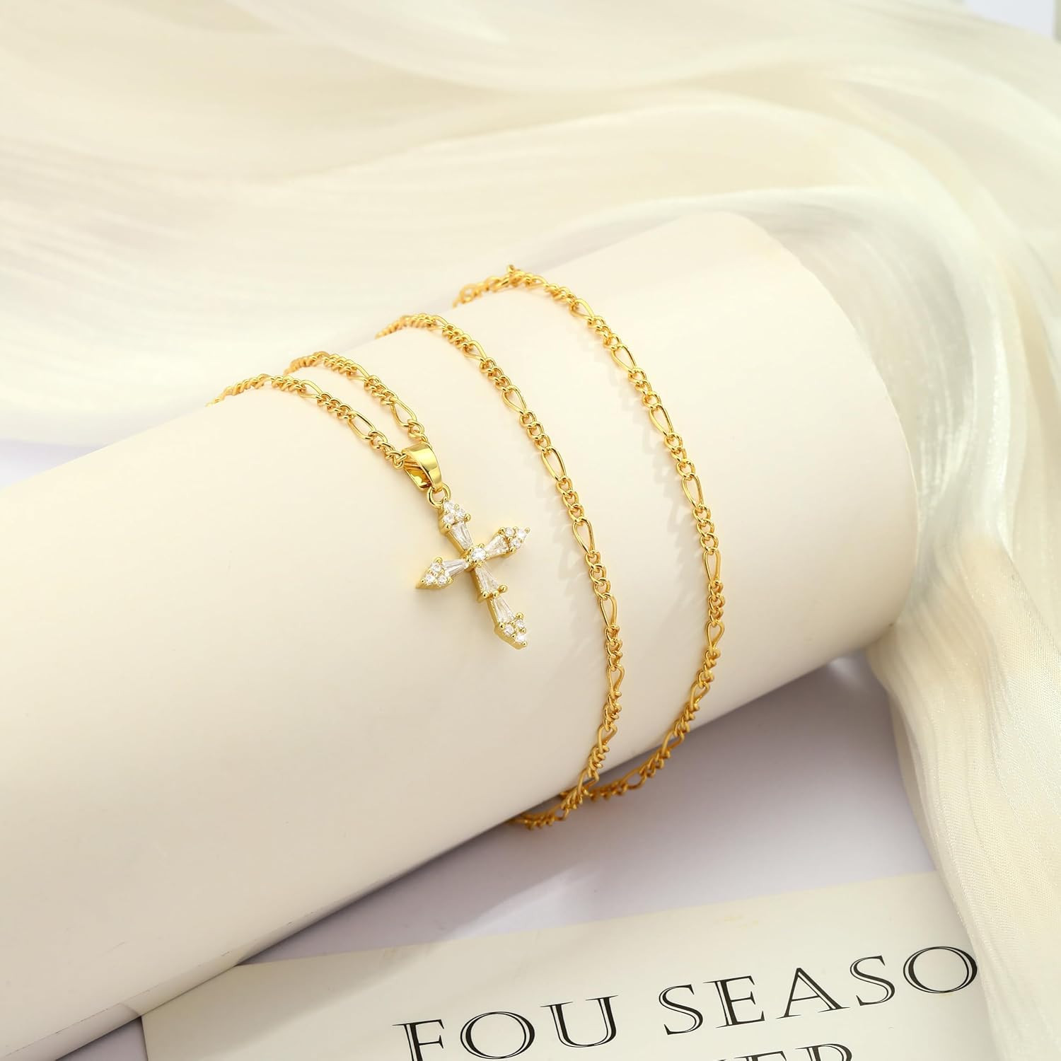 Cross Necklace for Women,14K Gold Plated Small Dainty Colorful Beaded Cubic Zirc