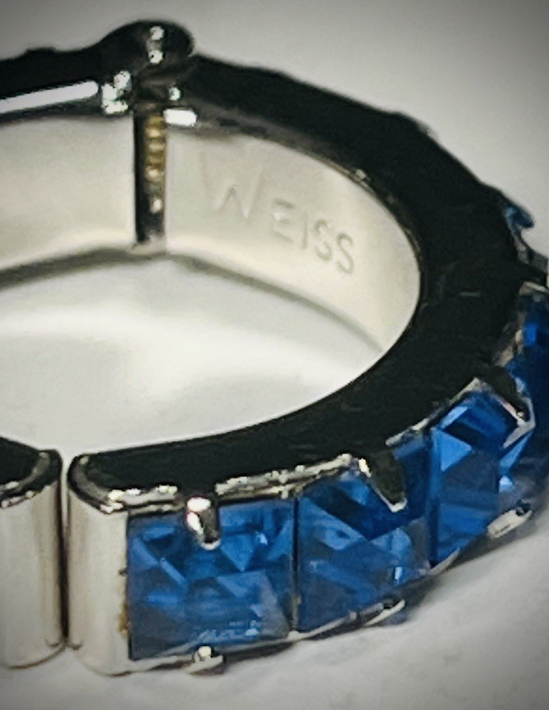 Signed WEISS Sapphire Blue Rhinestone Clip-on Small Hoop Earrings, 1950s