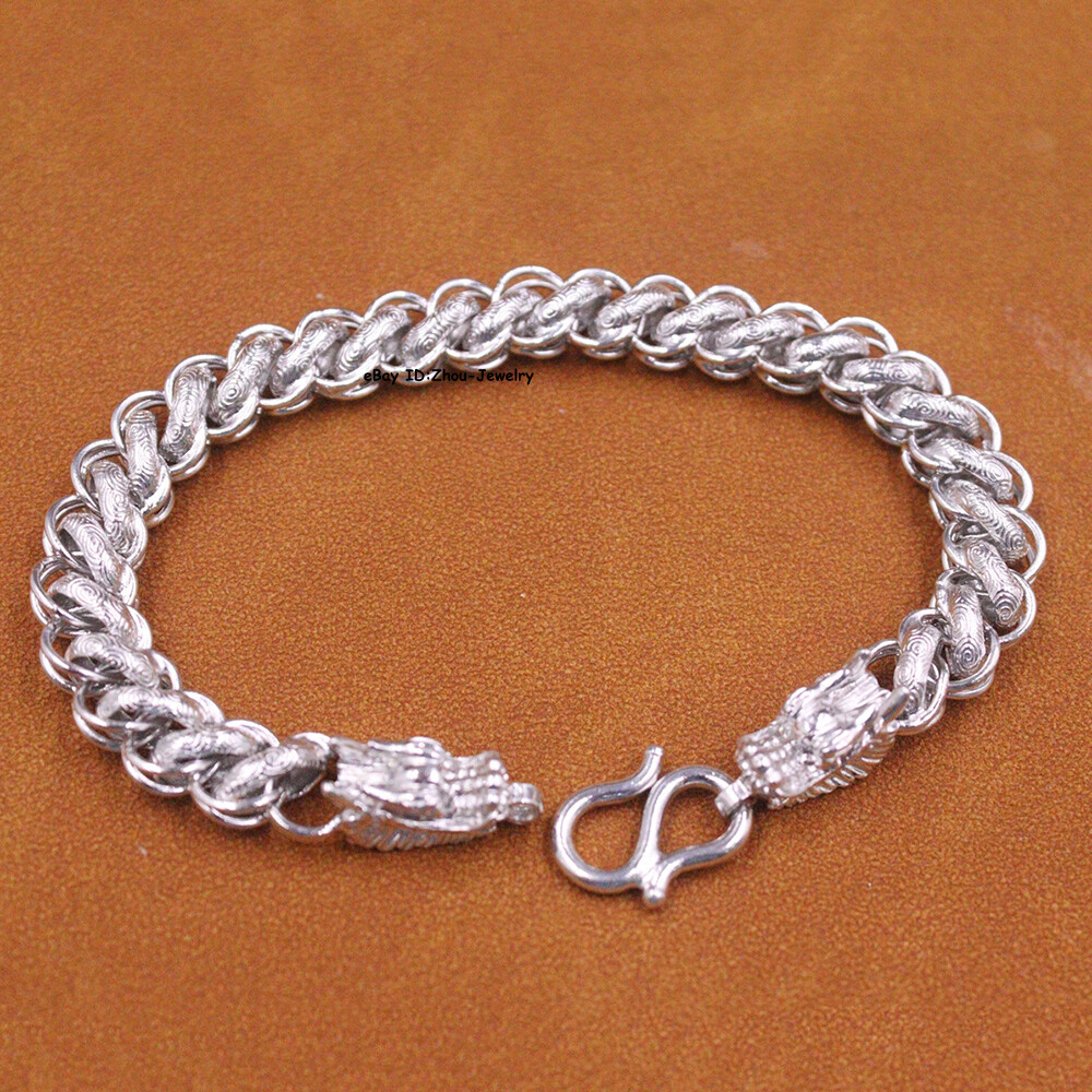 Pure S999 Fine Silver 999 Chain Curb Link Dragon Head Bracelet 27-28g 8.26inch