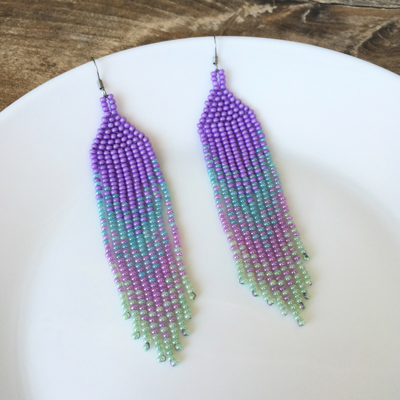 Lavender blue gradient seed bead earrings, Lilac waterfall beaded earrings