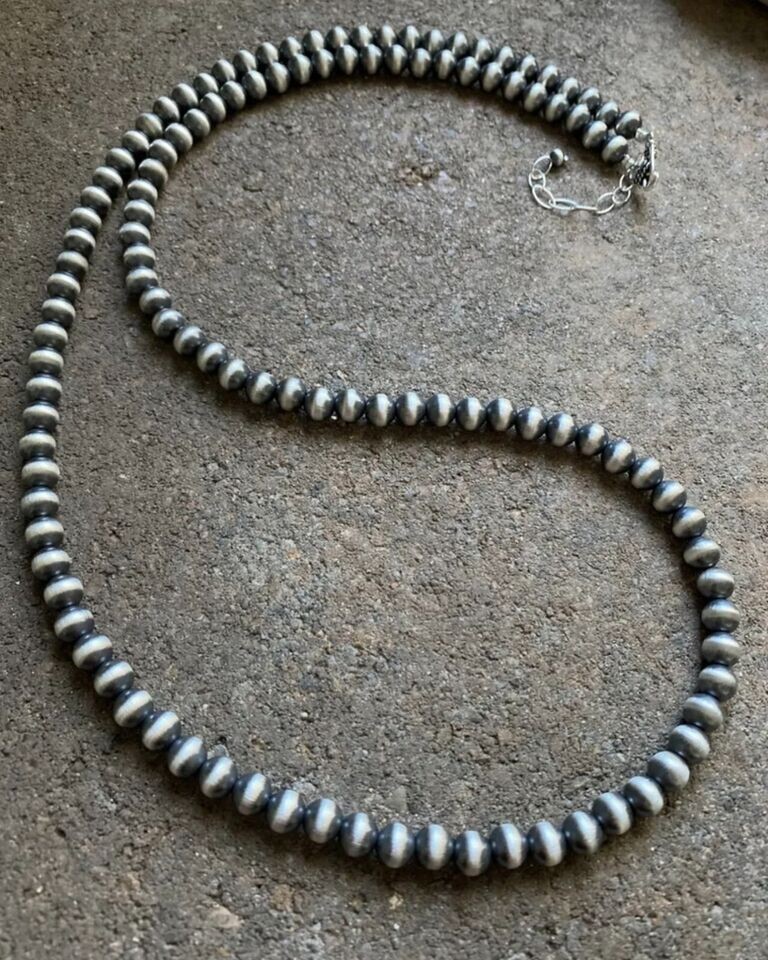 7mm 36 Inch 925 Sterling Silver Oxidized Pearls Bead Necklace Southwestern