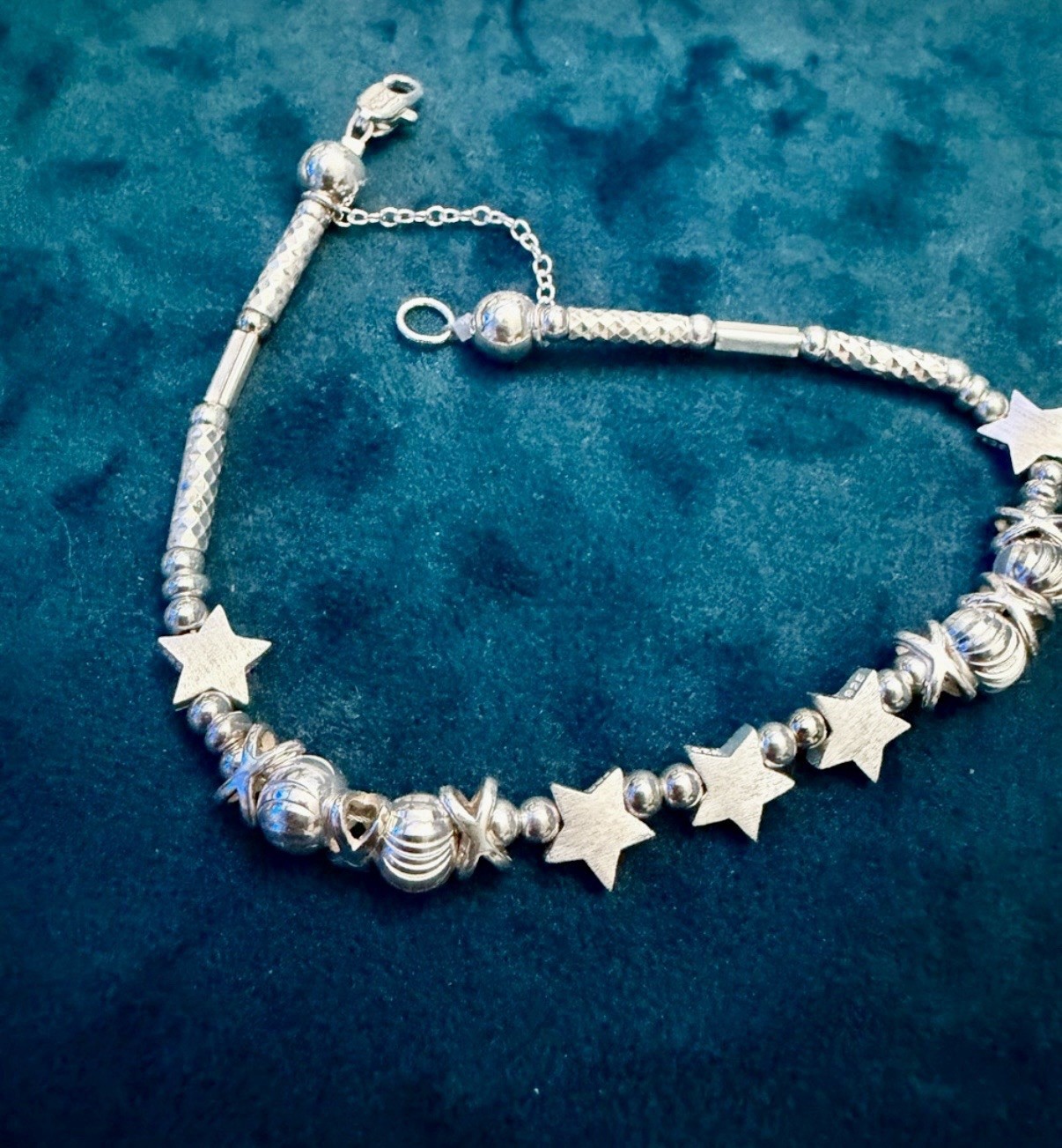 STERLING SILVER 925 Beaded Star Charm Bracelet Lobster Clasp safety chain No;1