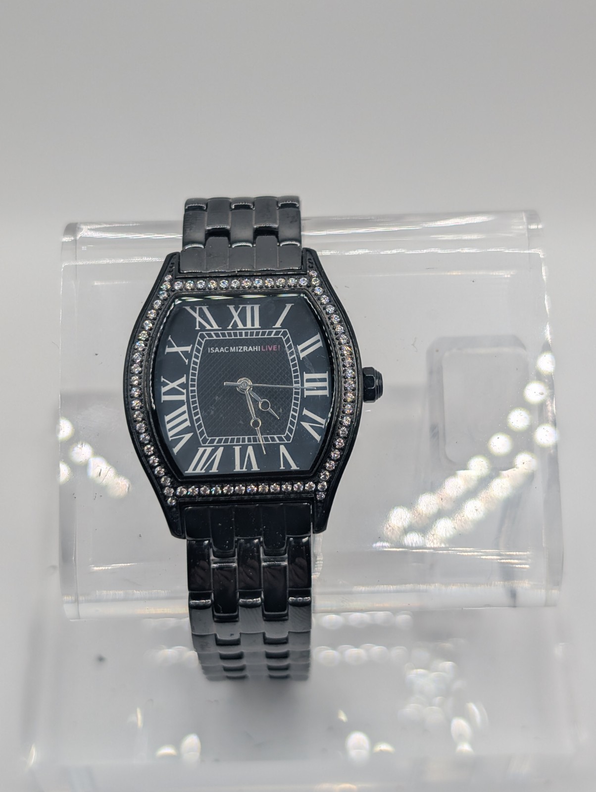 Isaac Mizrahi Live Womens Watch All Black Tonneau Crystal Bezel Quartz 30mm…