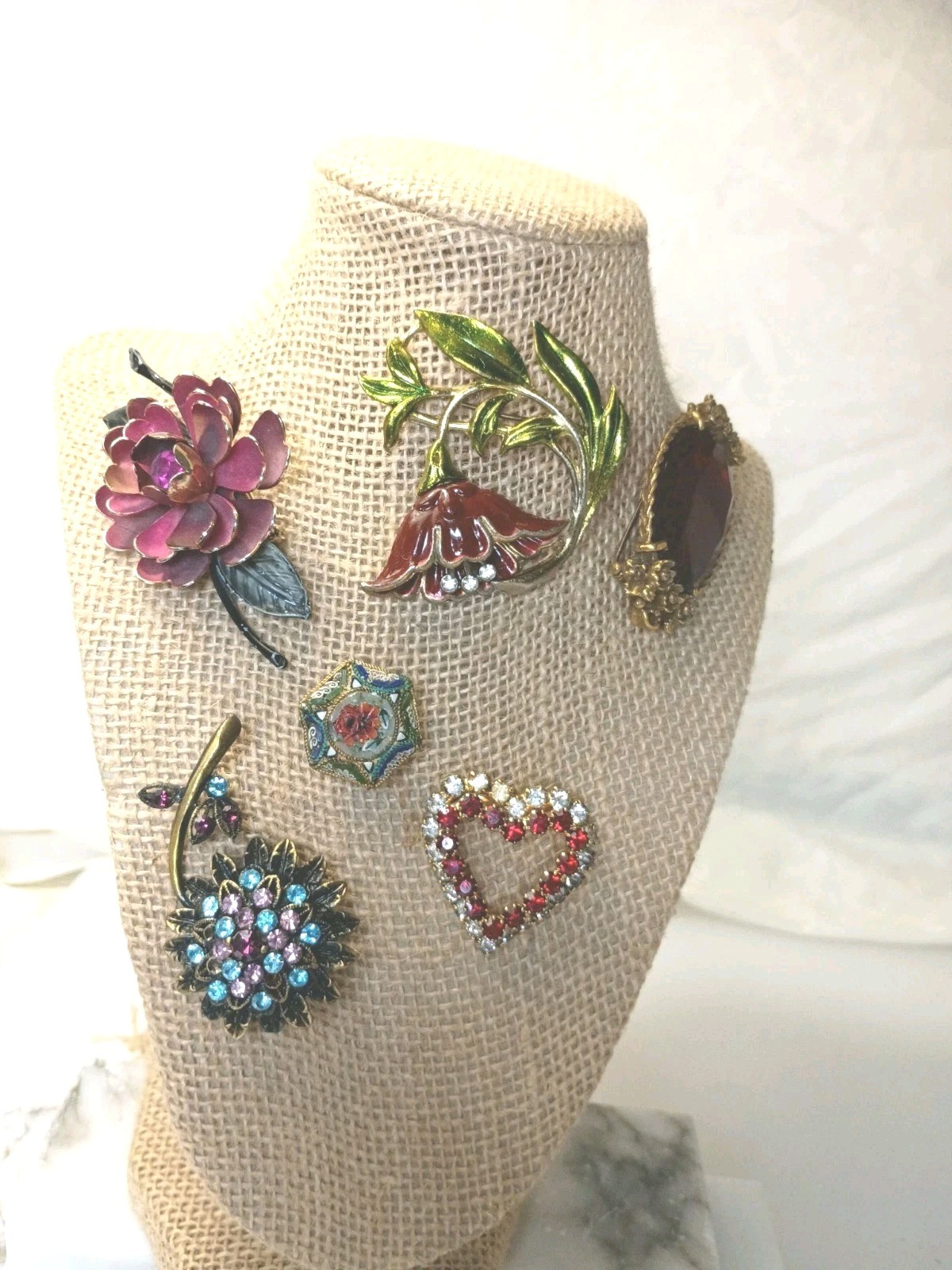 Vintage To Current Brooches Lot of 6 Rhinestone Glass Enamel Paint Gold Fill