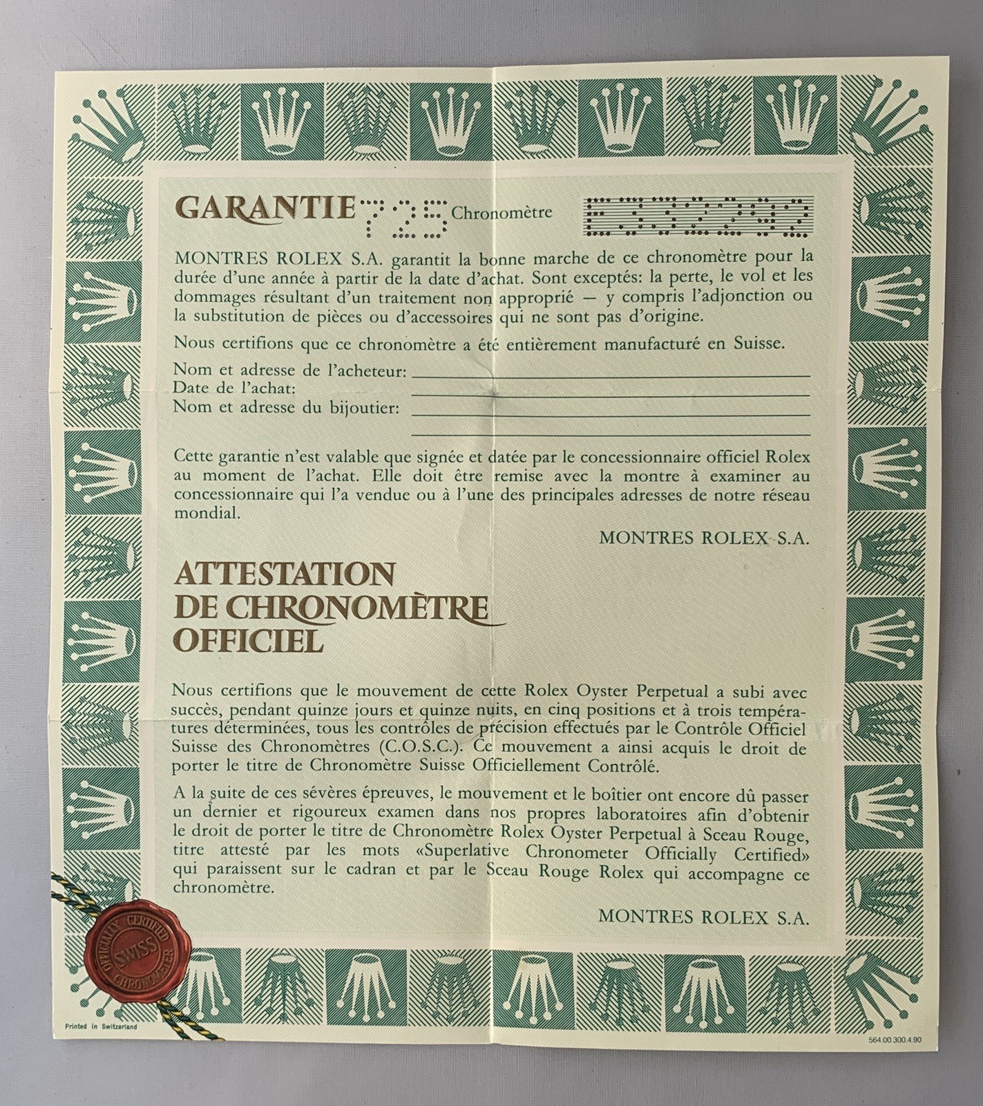 Rolex Authentic Watch Guarantee Certificate Blank Name Date Store French