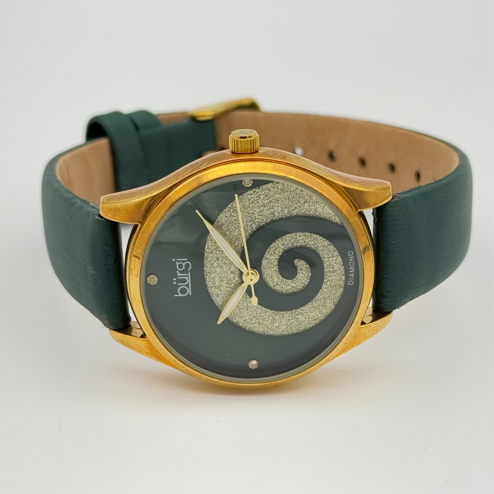 Women’s BURGI Swarovski Swirl Diamond Marker Watch, Green Leather, 34mm BUR201GN