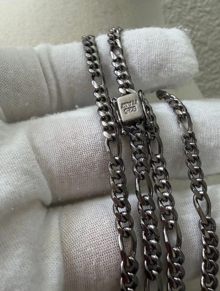 925 STERLING silver MIAMI Figaro chain necklace Box clasp Silver 24” 4.7mm 35gr