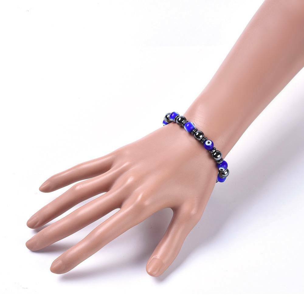 Handmade Evil Eye Stretch Bracelet Non-Magnetic Hematite Blue 2-1/4″(5.8cm) Z239