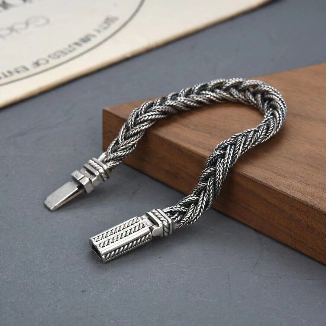 Pure S925 Sterling Silver Bracelet Women Men Vintage 10mm Bradiad Wheat Chain