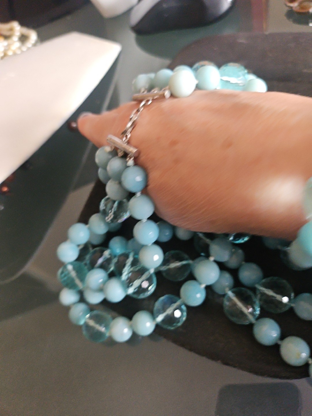 LP Genuine Stones Amazonite Bids & Blue Topaz 3 Strands Silver 925 Necklace 22″