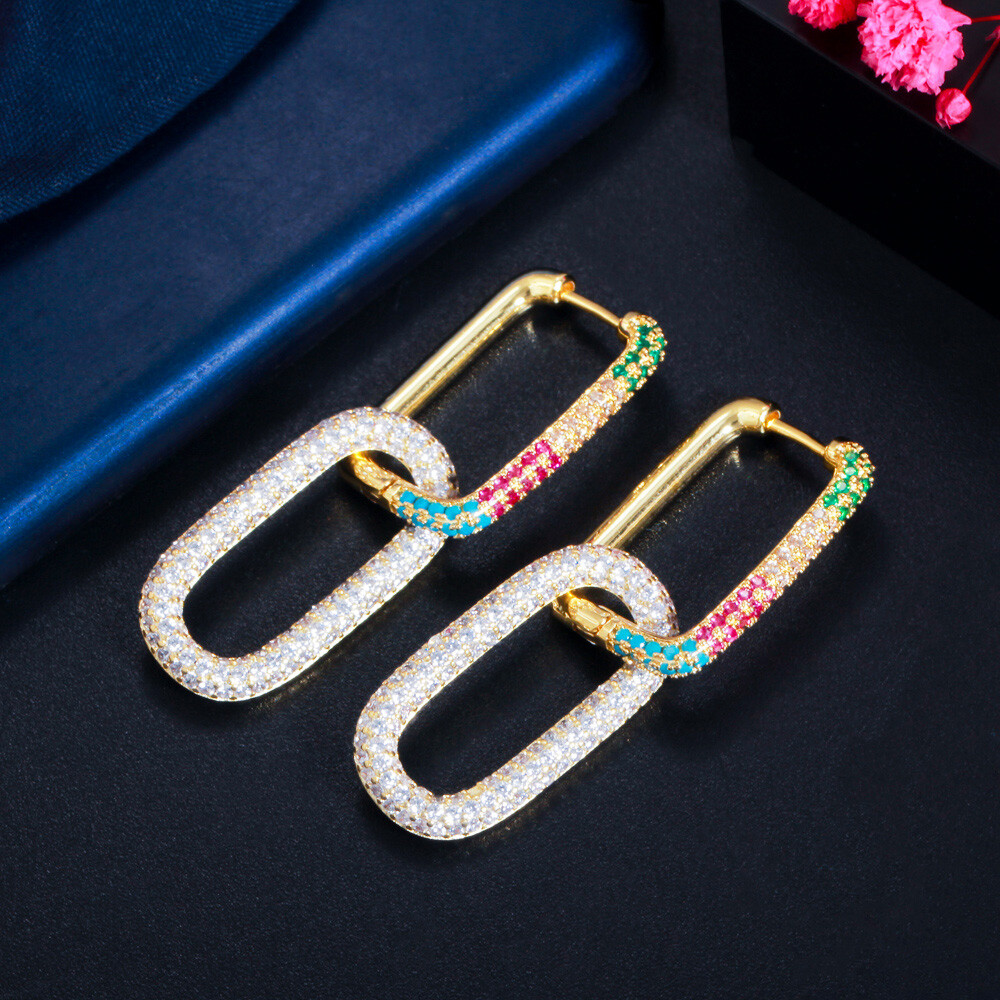 Gold Plated Mix Multicolor CZ Bridal Dangle Drop Rectangle Charm Hoop Earrings