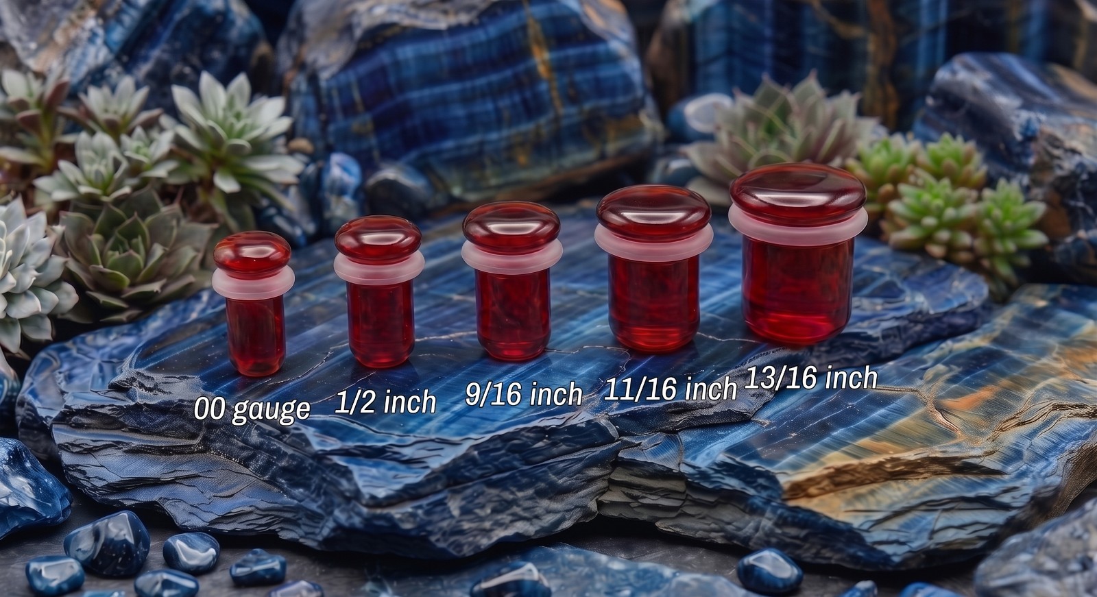 Pairs of Red Glass Single Flare Plugs with O Rings Sizes 8GA-13/16 Inch E610