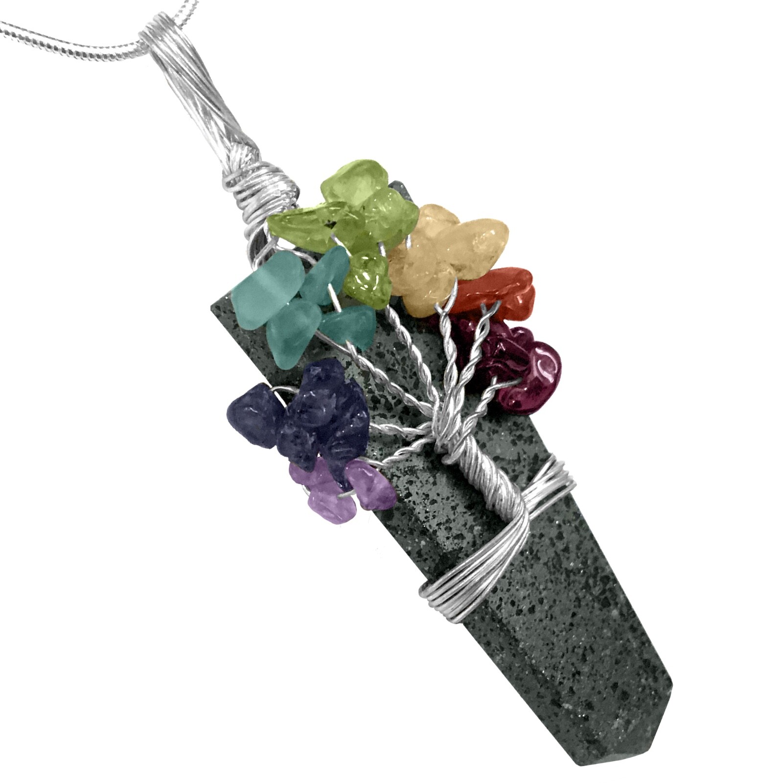 Hematite Crystal Tree Of Life Chakra Pendant Silver Wire Wrap Gemstone Necklace