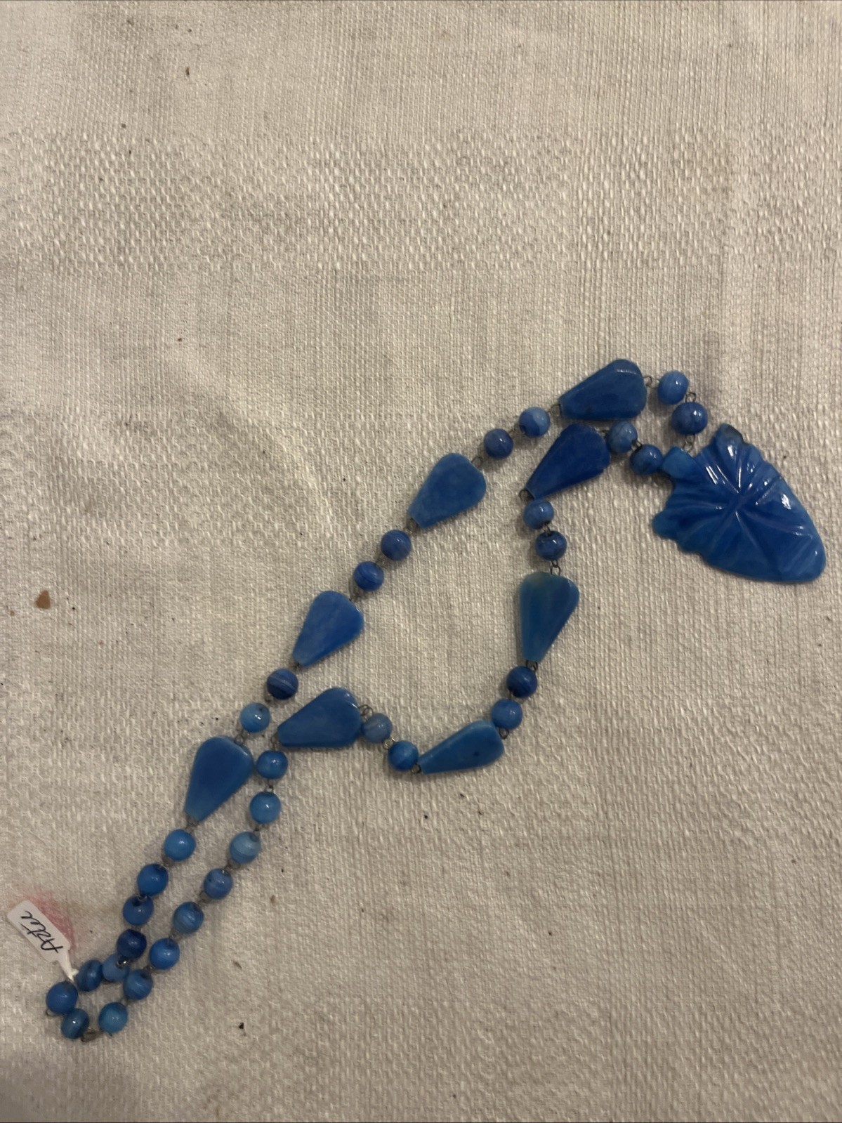 Vintage Aztec Mayan Blue Agate Carved Gemstone Face Mask Pendant Necklace