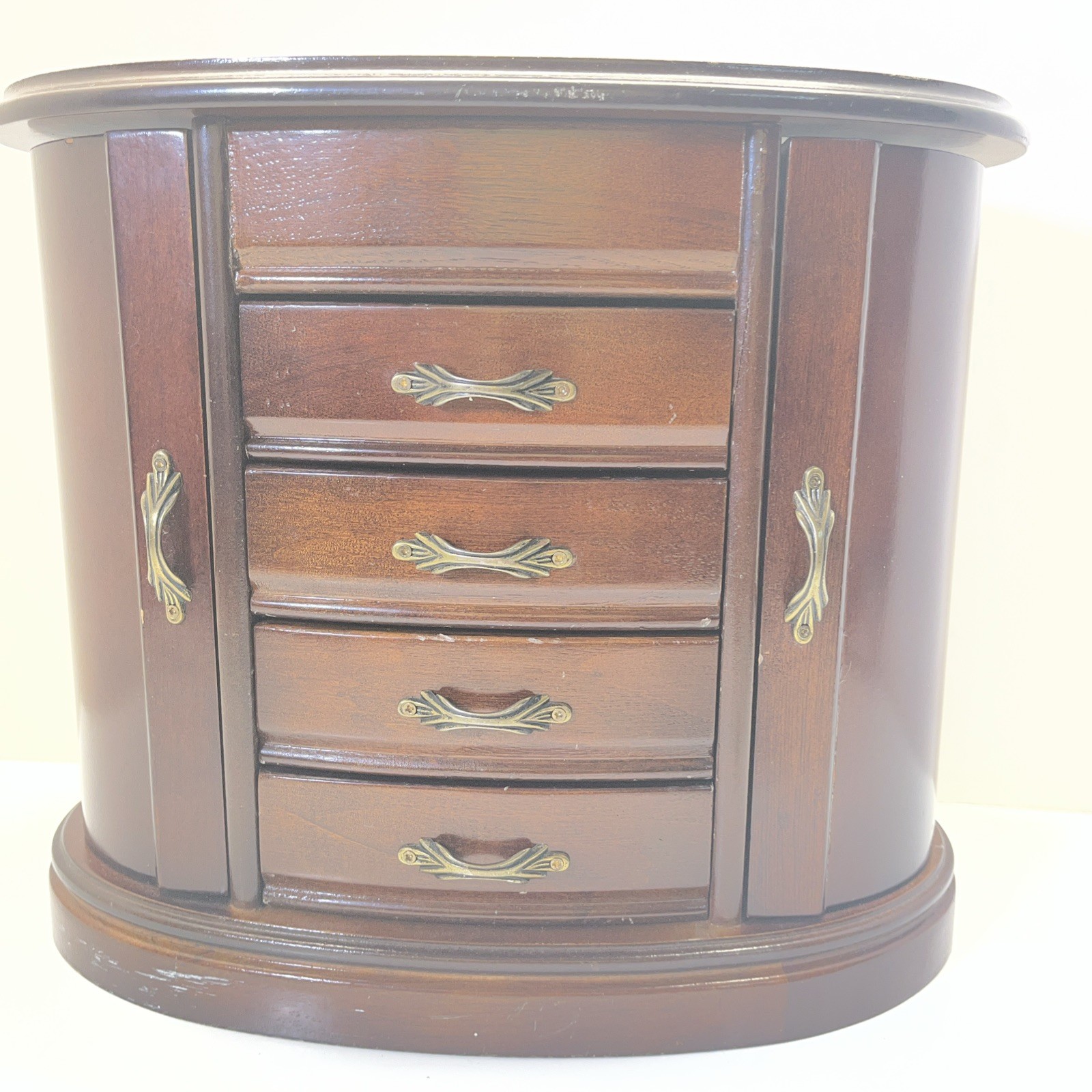 Jewelry Box 112”x11”x 6.5” Ring Tray Necklace Hooks Doors 4 Drawer Mirror Dark