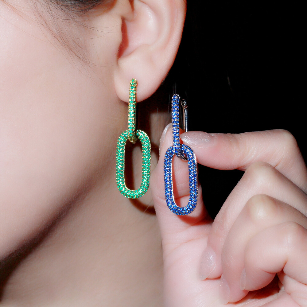 Gold Plated Mix Multicolor CZ Bridal Dangle Drop Rectangle Charm Hoop Earrings