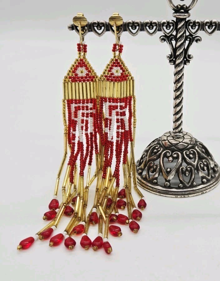 Beaded Chandelier Earrings Red and Gold Handmade Boho Flower Waterfall 5.5 in