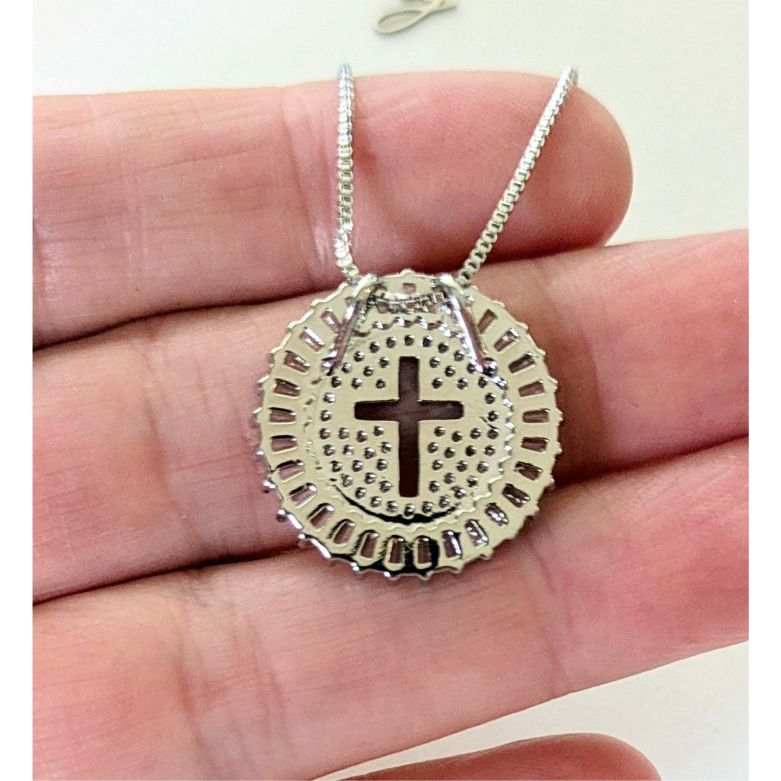 Rhodium Plated Pave Baguette C.Z. Stone Holy Cross Pendant Chain Necklace 16-20″